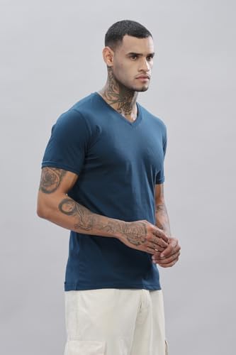 ADRO Men's V Neck Solid Cotton T-Shirt (VN-M-PLN-SB_Teal)
