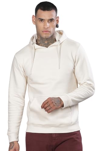 ADRO Men's Cotton Neck Hooded Sweatshirt (H24-M-PLN-WS_White Sand