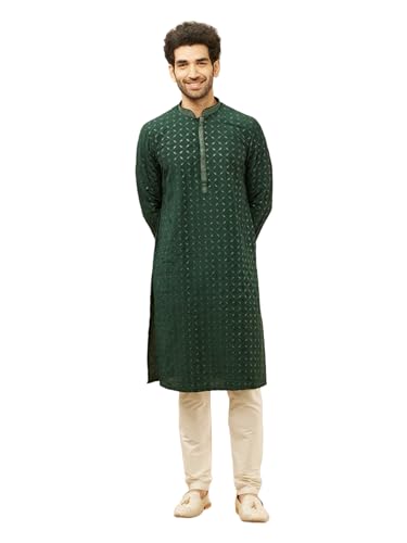 Manyavar Mens Green Art Silk Self Design Kurta Pyjama Set