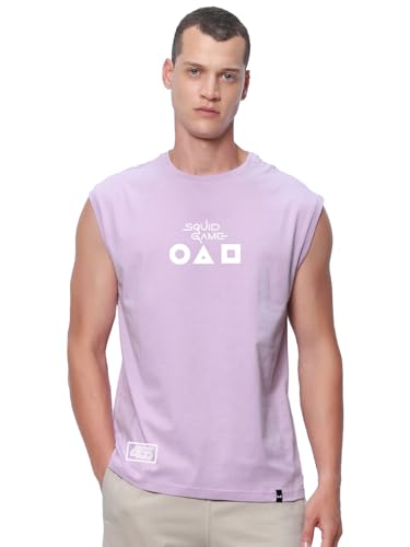 Bewakoof Official Squid Game Merchandise Mens Graphic Print Boxy Fit Sleeveless Round Neck Cotton Vest_683859_Purple_M