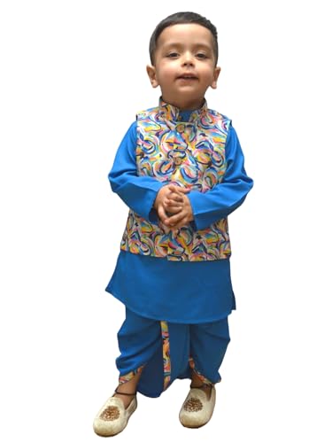 A.T.U.N. (ALL THINGS UBER NICE) Boys Turquoise Kurta Dhoti with Printed Nehru Jacket (3 Piece Set)