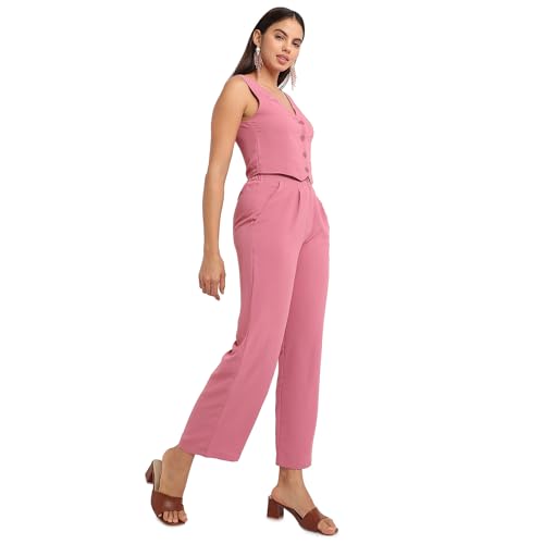 Campus Sutra Womens Salmon Pink Chic Vest Co-Ord Set for Casual Wear | Sleeveless | Polyester Fabric | V Neck Clothing Set Craf