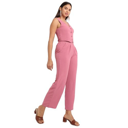 Campus Sutra Womens Salmon Pink Chic Vest Co-Ord Set for Casual Wear | Sleeveless | Polyester Fabric | V Neck Clothing Set Craf