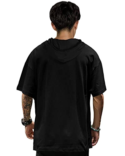 EYEBOGLER Mens Trendy Hooded Neck Half Sleeves Loose Fit Colorblocked T-Shirt Black White