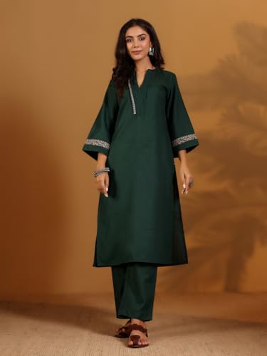 Varanga Thread Embroidered With Pleated Deatialing Flared Sleeve Kurta With Trouser Green