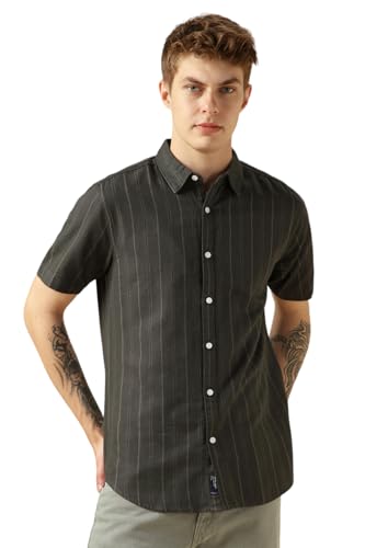 Dennis Lingo MenS Green Polycotton Spread Collar Short Sleeves Striped Shirts