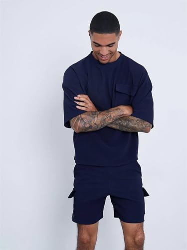 Nobero MenS Navy Blue Monochrome Co-Ord Set With Halfsleeve Tee And Shorts
