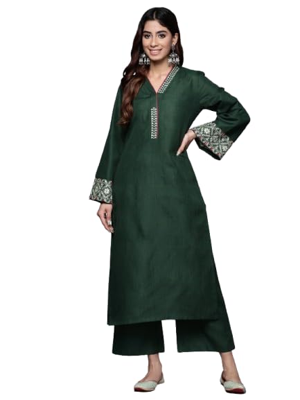 Varanga Women Green Embroidered Kurta With Long & Flared Sleeves, Tonal Bottom, Intricate Embroidery For A Chic & Comfortable Lo