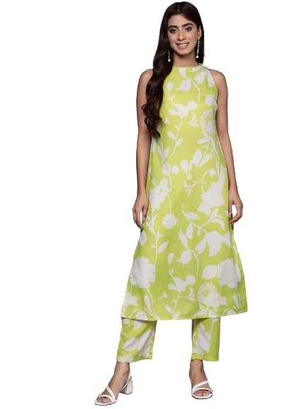 Varanga Women Lime Green Halter Neck Kurta With Bottom