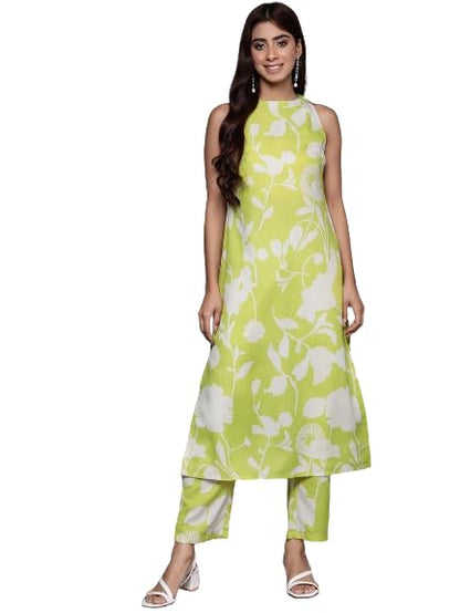 Varanga Women Lime Green Halter Neck Kurta With Bottom