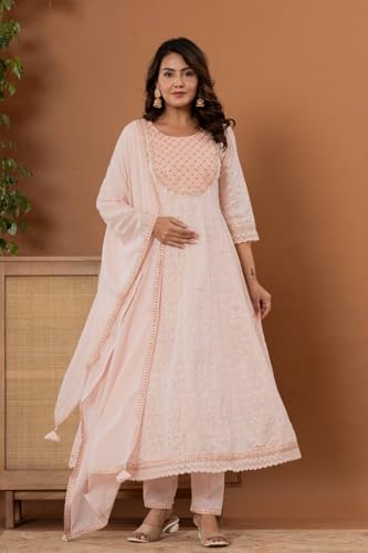 VARANGA Women Foil Printed Embroidered Schiffli Anarkali Kurta Paired With Bottom And Dupatta