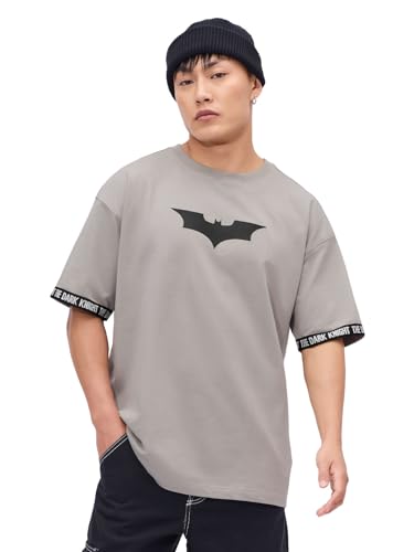 The Souled Store Official Batman: Logo Men And Boys Short Sleeves Round Neck Grey Graphic Printed Cotton Oversized T-Shirts
