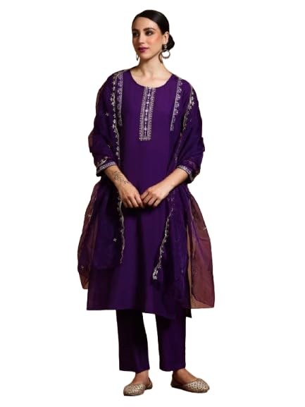 Varanga Women-Thread & Sequin Embroidered Yoke Kurta With Trouser & Scallop Dupatta
