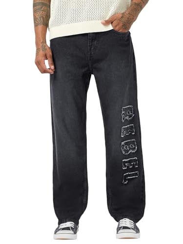 Bewakoof MenS Applique Straight Fit Pure Cotton Washed Jeans_684679_Black_36