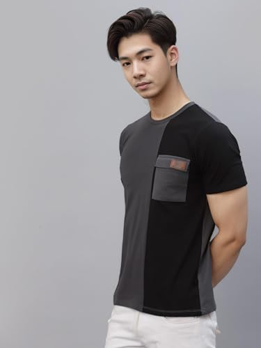 Rigo Printed Men T-Shirt | Dark Grey Black Cut & Sew T-Shirt | Round Neck Cotton Half Sleeve T-Shirt | Printed Cotton Blend Grey