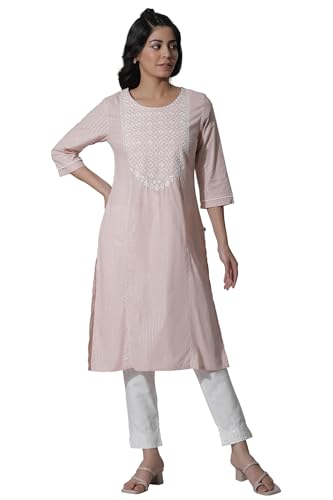 W Women Pink Festive Solid Cotton Straight Kurta