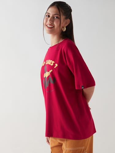 Bewakoof Official Looney Tunes Merchandise Daffy Duck Womens Graphic Print Oversized Fit Half Sleeve Round Neck Cotton Jersey T