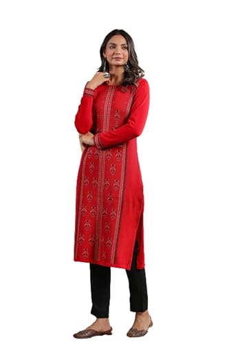 ishin Women's Red Jacquard Style Ethnic Motifs Straight Winterwear Kurta