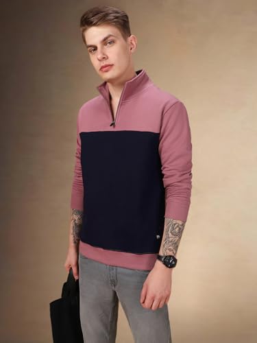 Dennis Lingo Men Colorblock Polycotton Regular Fit Full Sleeves Pullover Sweatshirts Pink