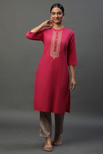Aurelia Women? Yarn Dyed Printed Straight Pure Cotton Kurta | Lightweight Band Collar Kurta for Women Cotton | Yarn Dyed Printed Kurta for Women | Soft & Breathable Regular Fit Kurta for Women
