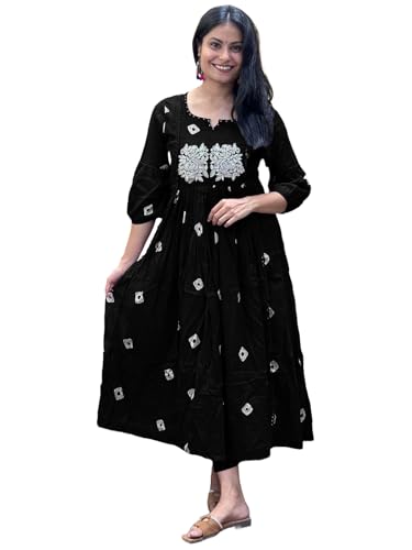 ANNI DESIGNER Womens Rayon Blend Anarkali Printed Kurta with Pant (ANVESHI BLACK-VKS01_L_Black_Large)
