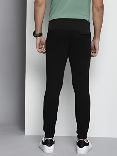 The Indian Garage Co Men Slim Fit Placement Print Mid-Rise Knitted Joggers Black