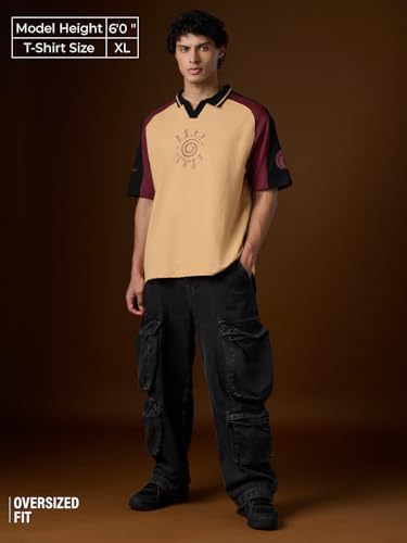 The Souled Store Naruto: Kuramas Fury Men and Boys Short Sleeves Collared Neck Beige Graphic Printed Cotton Oversized Polos