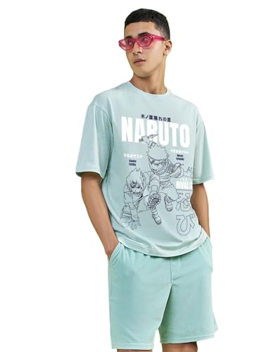Bewakoof Official Naruto Merchandise Naruto MenS Graphic Print Oversized Fit Half Sleeve Round Neck Cotton T-Shirt_647095_Green_