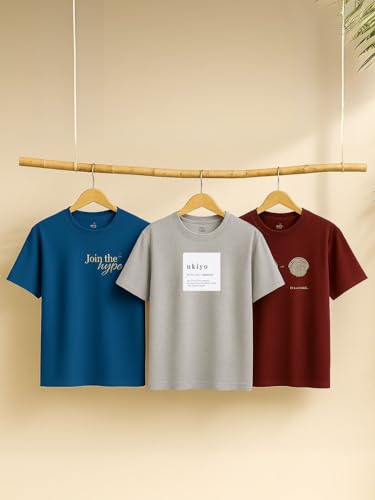 Nobero MenS Graphic Print Regular Fit T-Shirt (1M-Twts-C0760-Pack_Grey Melange/Wine Red/Marine