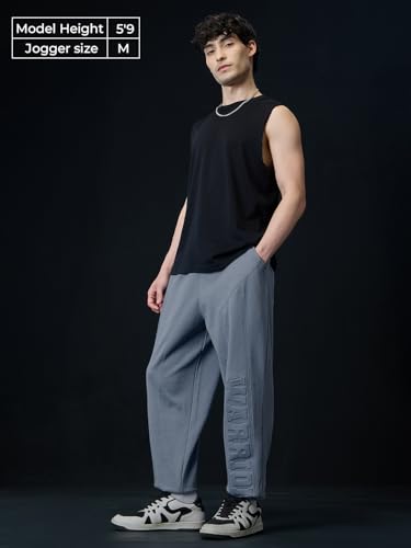 The Souled Store Warrior Men and Boys Drawstringed Grey Solid Cotton Blend Baggy Fit Oversized Joggers