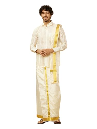 Manyavar Mens Cream Silk Solid Kurta Veshti Set