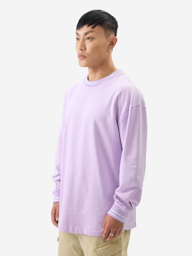 The Souled Store Solids: Pale Purple Men And Boys Round Neck Cotton Oversized Full Sleeve T-Shirts