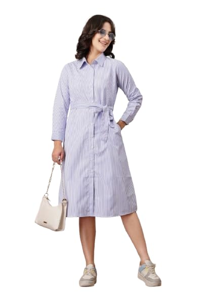 Style Quotient Women Striped Formal Shirt Dress Blue