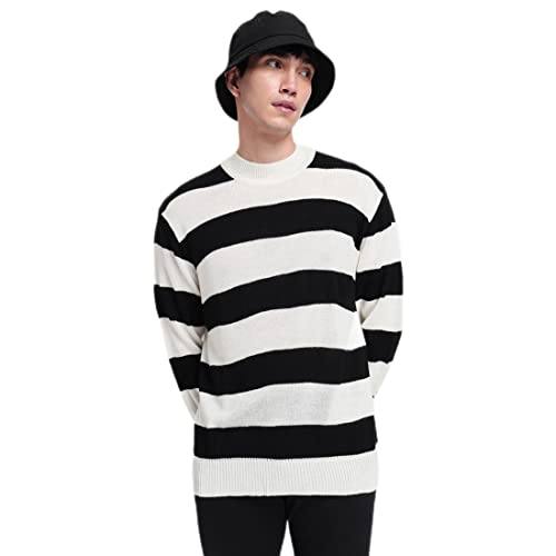 Bewakoof MenS Striped Black Mock Neck Full Sleeve Oversized Sweater