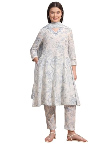 W for Woman White Floral Printed Pure Cotton Anarkali Kurta, Pants Set with Dupatta