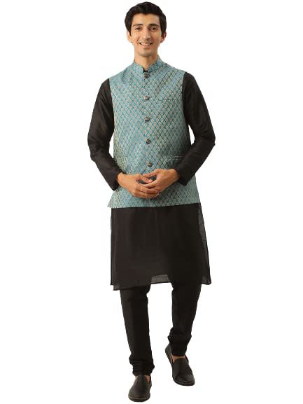 SOJANYA (Since 1958 Men's Silk Blend Black Kurta Pyjama & PeacockBlue Self Design Nehru Jacket Combo