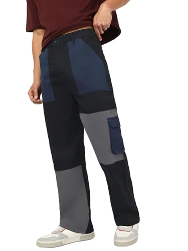 Bewakoof MenS Color Block Straight Fit Cotton Lycra Blend Pant_664157_Black_34