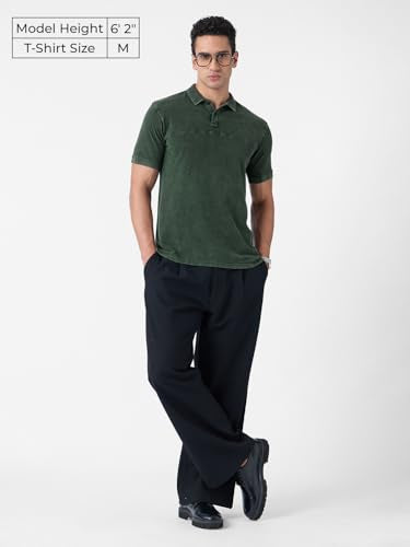 The Souled Store Vintage Wash: Olive Men and Boys Short Sleeves Polo Collar Solid Cotton Regular Fit T-Shirts