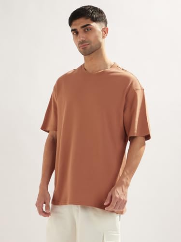 Nobero MenS Self Design Oversized Fit T-Shirt (1M-Twts-R0102_Peca Brown