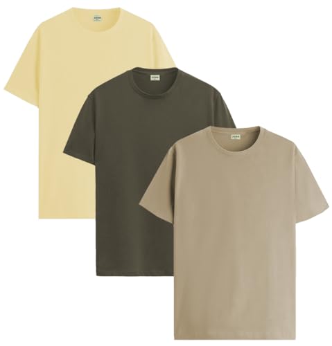 ADRO Men's Solid Regular Fit T-Shirt (RCM3-PLN-LY-OL-BE_Light Yellow,Olive,Beige