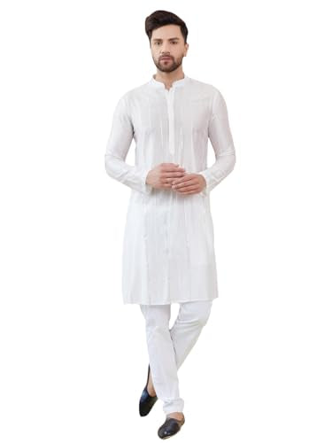 See Designs Men Full Sleeve Sleeve Side Slit Mandarin Collar Off White Sequins Embroidered Chanderi Silk Straight Kurta With Pyj