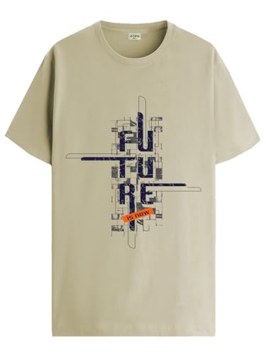 ADRO Men's Graphic Printed 100% Cotton T-Shirt - Regular Fit, Printed T-Shirts for Men (RN24-FTR-BE_Beige_XL)