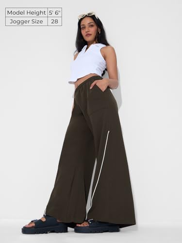 The Souled Store Baggy Joggers: Wander Away Women and Girls Pull On Brown Embroidered Baggy Fit Cotton Flared Joggers