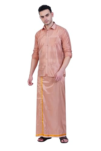Prakasam Cotton-Mens Art Silk Wedding Set/Art Silk 8 Mulam (8-Yard) Dhoti And Stitched Full Sleeve Shirt