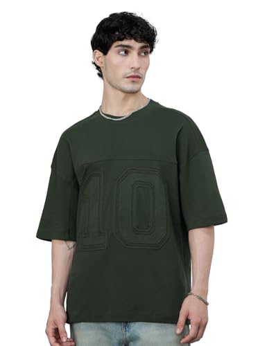 The Souled Store Olive Tree Men and Boys Short Sleeves Round Neck Green Embellished Cotton Super Oversized T-Shirts