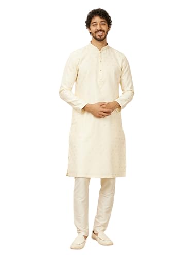 Manyavar Cream Art Silk Embroidery|Zari Weave Kurta Pyjama Set For Men