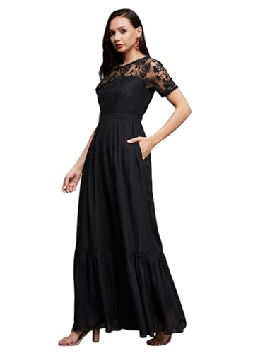 Miss Chase WomenS Black Round Neck Short Sleeve Solid Lace Overlaid Regular Jumpsuit (Mcss25D93-85-62-03, Black, S)