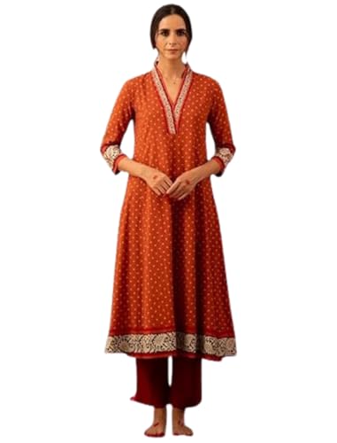 Modestouze Attires WomenS Printed Knee Length Rayon Flared Anarkali Kurti And Pant Set, Ethnic Wear For Women, Kurti And Pant S