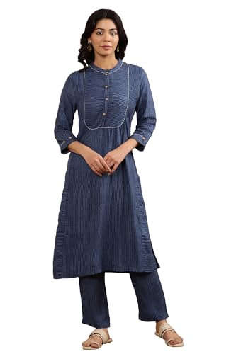 W for Woman W Women Blue Striped Viscose Straight Kurta set with Straight Pant