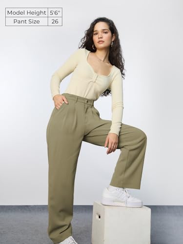 The Souled Store Korean Pants 3.0: Forest Green Women and Girls Buttoned Solid Polyester Straight Fit Casual Korean Pants